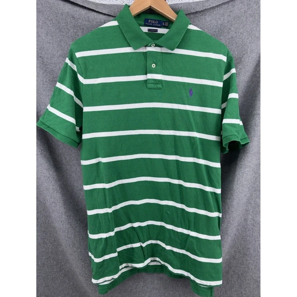 Polo Ralph Lauren Polo Shirt XL Green White Striped Mesh Knit Rugby Classic Fit